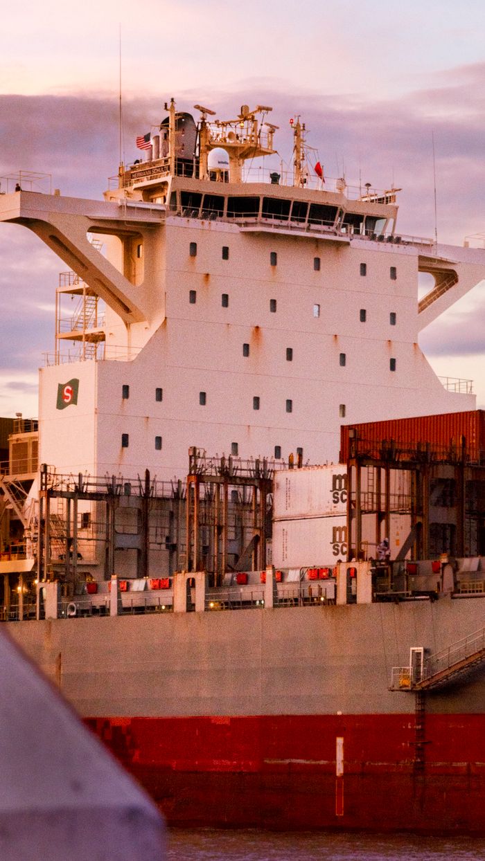 A cargo ship docked at the Port of Hamburg with cranes loading containers.